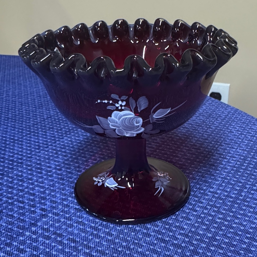 Fenton Ruby Red Ruffled Compote Hand Painted White Roses~signed Glows 4” tall